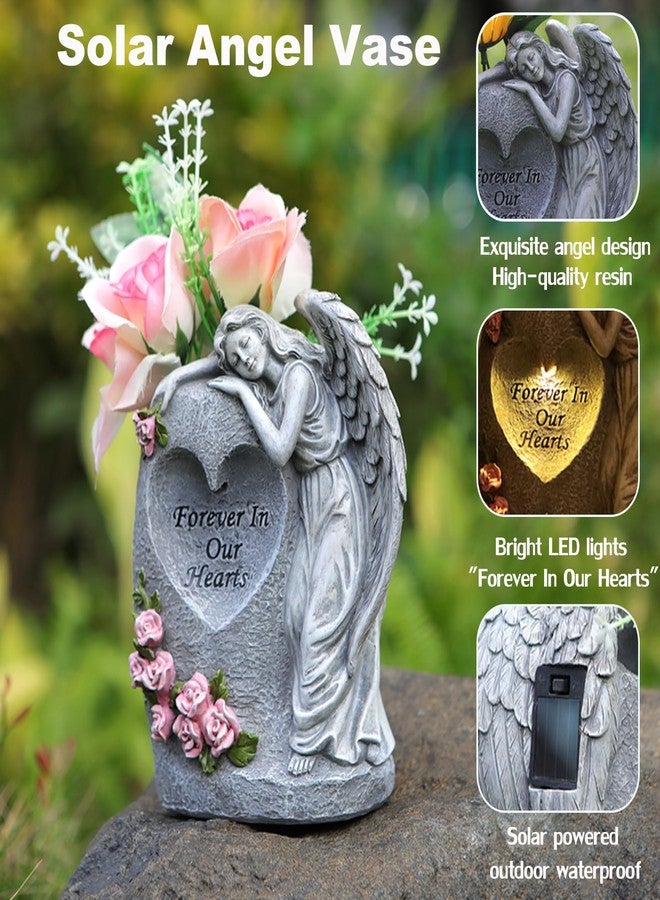 VEEKI Solar Cemetery Vases for Grave, Resin Angel Headstones Vases with Spikes for Fresh Artificial Flowers, Grave Markers for Cemetery Memorial Day Decor, Memorial Gifts for Loss of Loved One (Grey) - Image 4